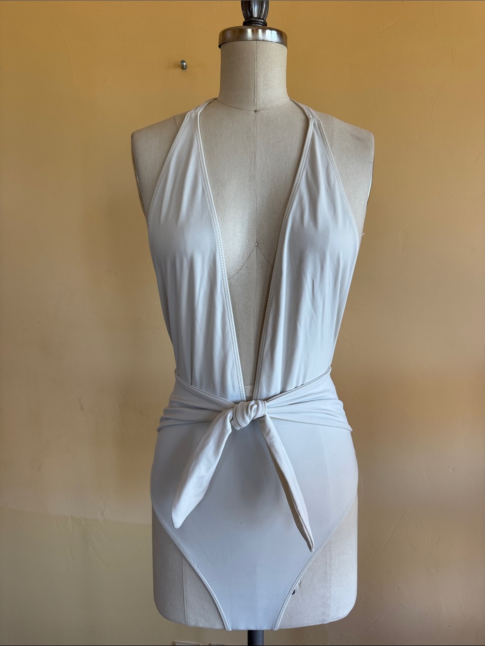 Reformation Cream Plunge Tie-Front One-Piece Swimsuit